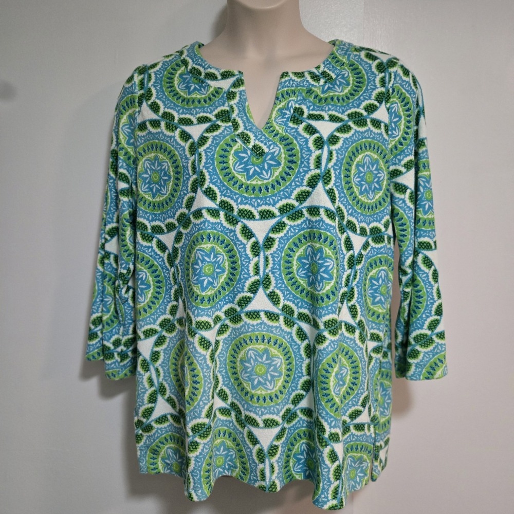 Talbots Size 2Xp Terry Cloth Top Green Split Neck Medallion Print Beach Coverup